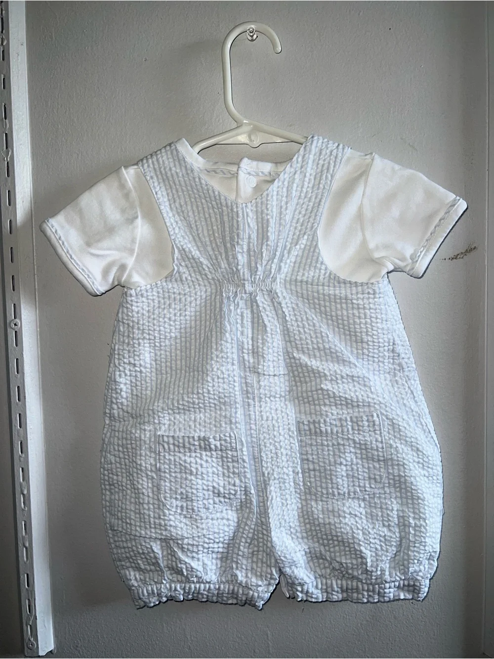 Vintage Wendy Bellissimo White Textured Seersucker Boys Romper Set